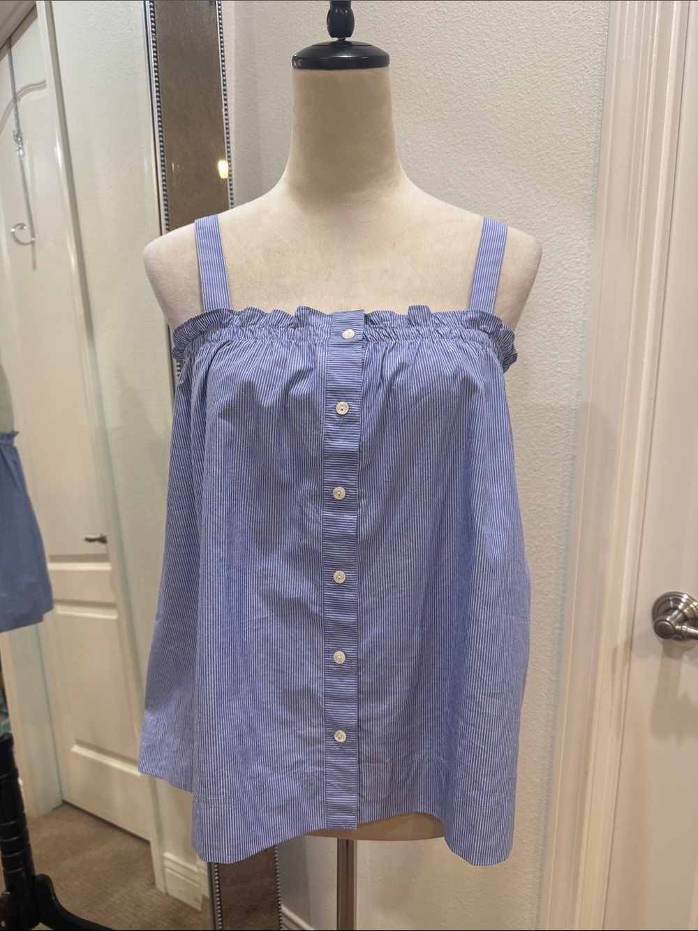 J. Crew Light Blue Pinstripe Off-Shoulder Button Front Top